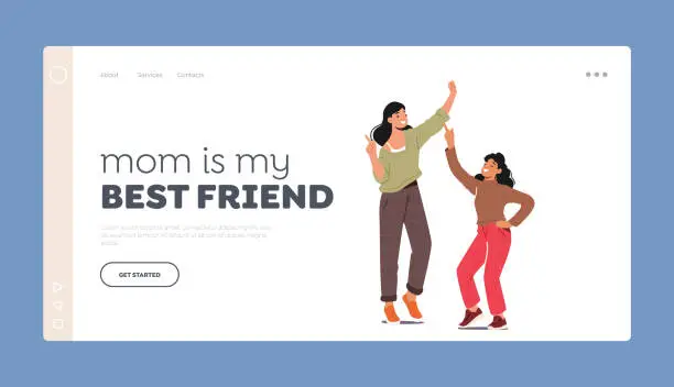 Vector illustration of Family Fun Landing Page Template. Happy Mother with Teen Daughter Dancing at Home Party, Female Characters Sparetime