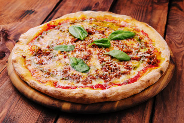 hot spicy pizza with minced meat stock photo