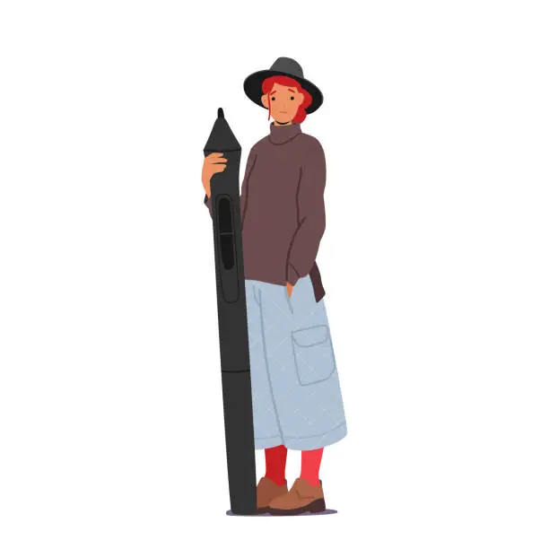 Vector illustration of Creative Person, Designer or Artist Female Character Wear Trendy Clothes Holding Huge Digital Pen Tool for Drawing