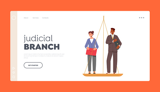 Judicial Branch Landing Page Template. Male and Female Characters Stand on Scales, Discrimination In Corporation, Unjust Advantages. Inequality or Imbalance Concept. Cartoon People Vector Illustration