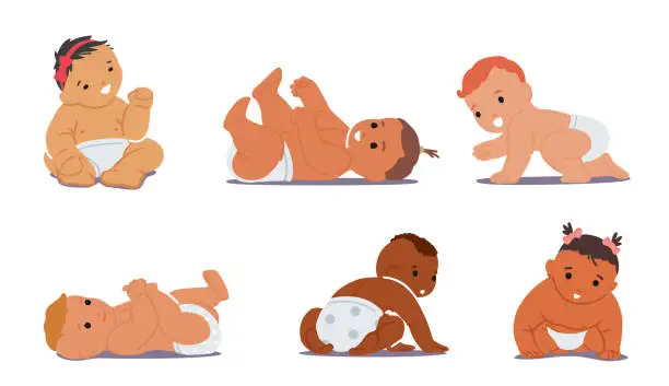 Vector illustration of Set of Newborn Babies of Different Nations. Cute Innocent Infants, Asian, African, Latin or Caucasian Nations Character