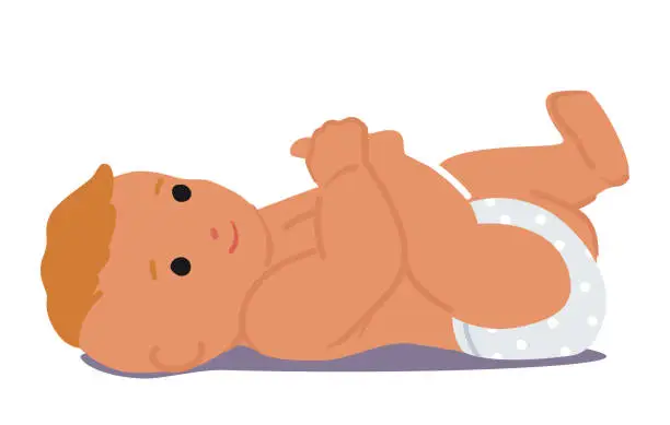 Vector illustration of Cute Newborn Baby Lying on Floor and Playing with Leg Isolated on White Background. Innocent Healthy Adorable Child