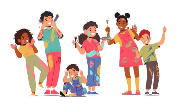 Vector illustration of Cute Children Group with Dye Spots on Clothes, Face and Hands. Happy Kids Holding Brushes, Palette and Pencils