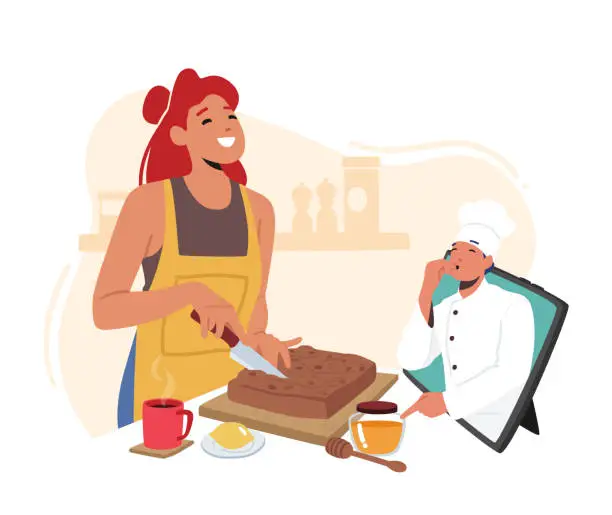 Vector illustration of Female Character Cooking Cake Watching Recipe in, Culinary Tutorials, Online Classes for Housewives Concept