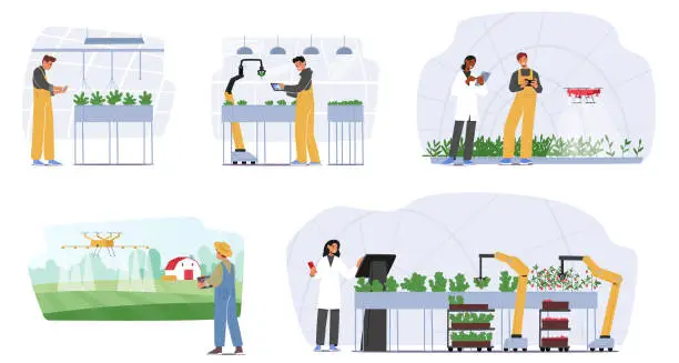 Vector illustration of Set Smart Farming And Greenhouse Innovative Technologies. Characters Use Internet Of Things To Control Cultivation