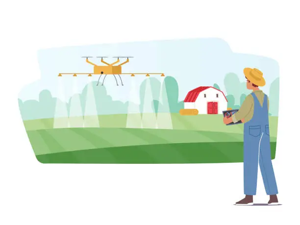 Vector illustration of Smart Farm With Drone Control Concept. Farmer Character Fertilizing Field With Quadcopter, Innovative Farming Automation