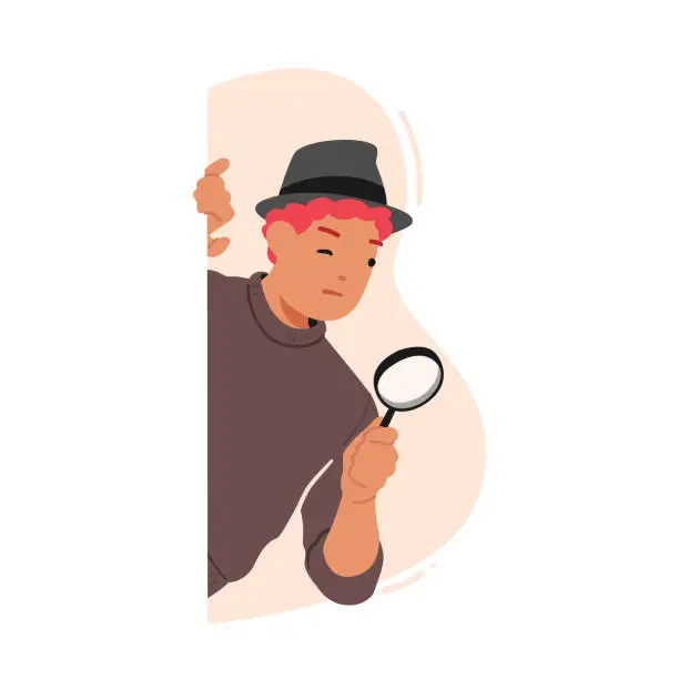 Vector illustration of Detective, Secret Service Agent, Investigator or Business Competitor Peeking from behind of Wall with Magnifying Glass