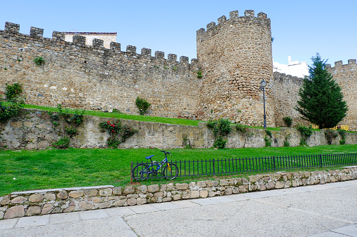 Plasencia,Spain - April 22, 2021: Medieval walls of Plasencia, walled market city in the province of Caceres, Spain