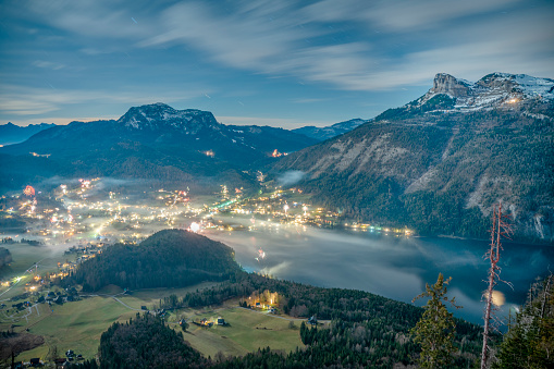 New Year's Eve Fireworks, Altaussee,  Steiermark, Ausseerland, Salzkammergut, Austrian Alps, Austria - Beautiful Mountain Panorama - Great documentation of climate change as there is almost no snow in the Austrian Alps