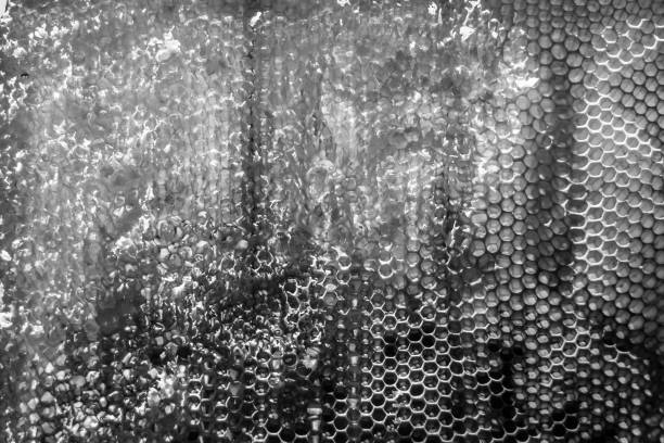 istock Drop of bee honey drip from hexagonal honeycombs filled with nectar 1453966623