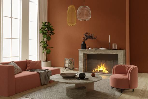 living room with fireplace interior - elegance luxury simplicity household equipment imagens e fotografias de stock