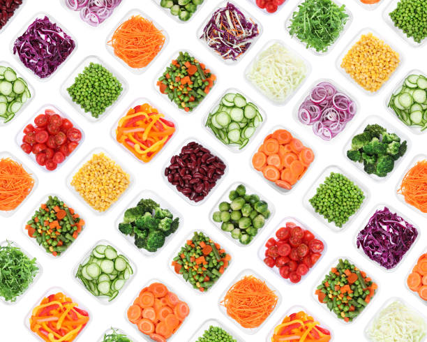istock Many containers with different fresh vegetables on white background, top view. Collage 1453969279