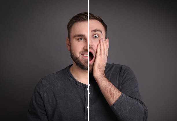 istock Young man expressing different emotions on grey background, collage. Personality concept 1453969353