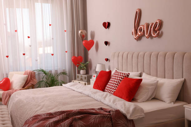 istock Cozy bedroom decorated for Valentine Day. Interior design 1453969475