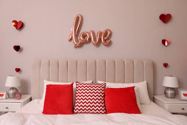 istock Cozy bedroom decorated for Valentine Day. Interior design 1453969529