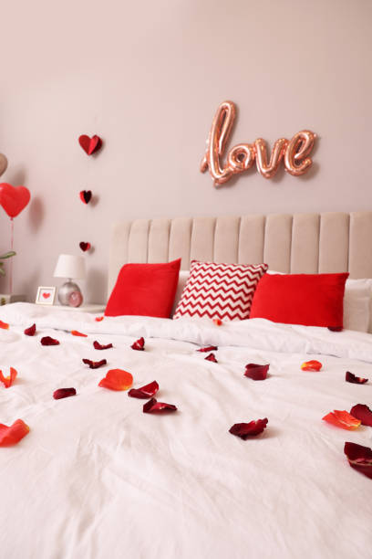 istock Cozy bedroom decorated for Valentine Day. Interior design 1453969543