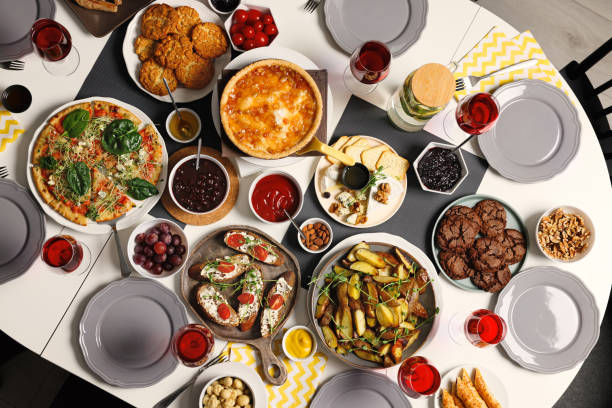 istock Brunch table setting with different delicious food indoors, top view 1453969553