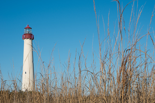 A vertical shot of Cape May Lighthouse against blue sky on a sunny day with dead grasses in the foreground in Cape May, New Jersey, United States