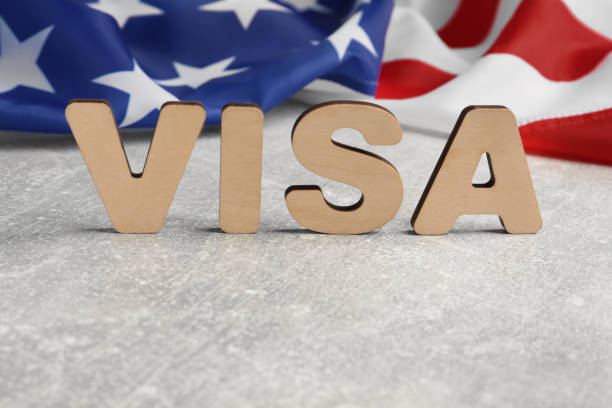istock Word Visa and American flag on light grey table, space for text 1453971885