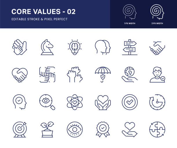 core values line icons. this icon set consists of resilience, trust, growth, social responsibility, and so on. - sadakat stock illustrations