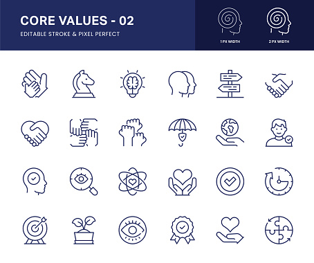Core Values Vector Line Icons. This icon set consists of Resilience, Trust, Growth, Social Responsibility, Transparency, Empathy and so on. Pixel Perfect, 2 pixel icons placed on a 64 x 64 pixel grid.