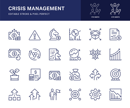 Crisis Management Vector Line Icons. This icon set consists of Risk Management, Financial Planning, Capital Loss, Market Changes and so on. Pixel Perfect, 2 pixel icons placed on a 64 x 64 pixel grid.