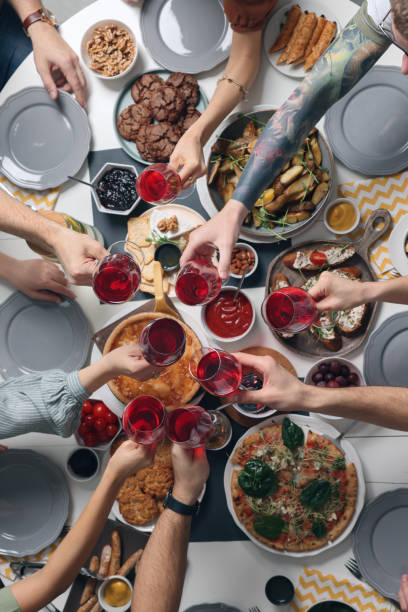 istock Group of people having brunch together at table, top view 1453972457