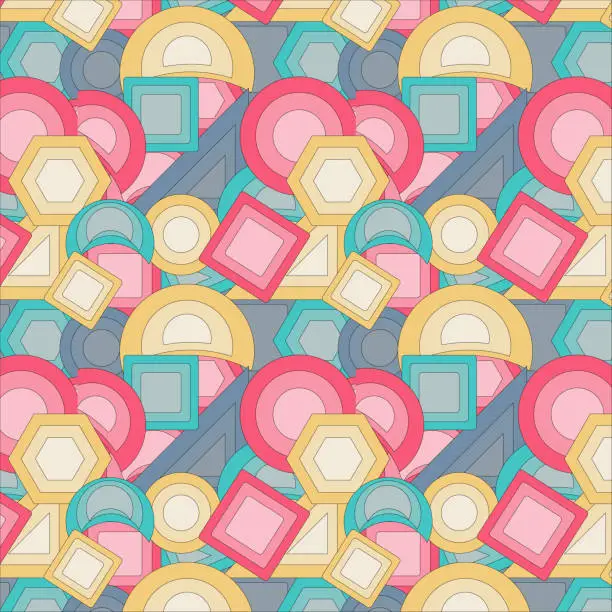 Vector illustration of Geometric abstract pattern of pink, brink pink, shadow blue, cadet gray, orange yellow, wheat, green, blue color square, triangle, round, hexagon creatively arranged on white background.Textile design