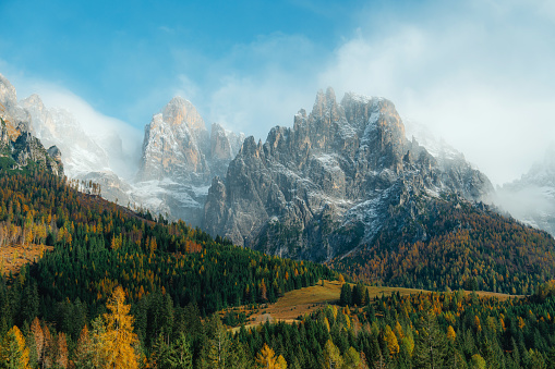 Scenic view of Dolomites mountain peaks in autumn