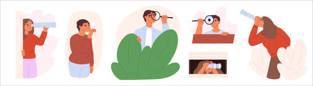 istock People spying, observing, sneak. Group of characters peeping with spying glass, magnifier, binocular 1453981076