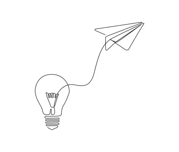 Vector illustration of Continuous one line drawing of Paper plane flying up connected with bulb. Lamp and plane sign symbol vector illustration.