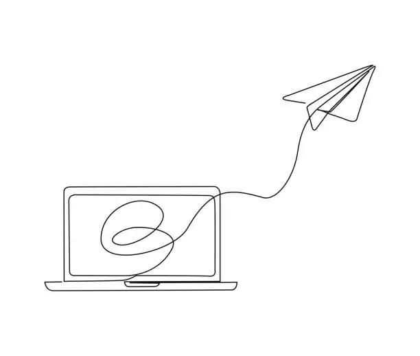 Vector illustration of Continuous one line drawing of Notebook connected with paper plane. Laptop and paper plane lineart vector illustration.