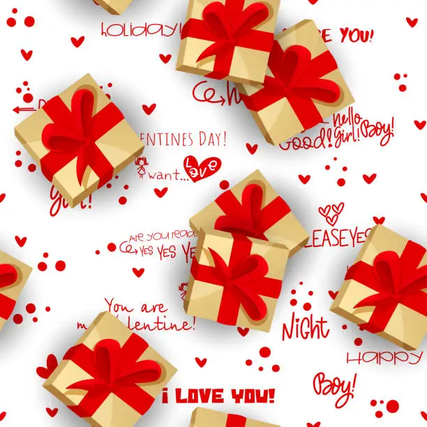 Vector illustration of Love concept in cartoon style. Gifts with love text on isolated white background. Seamless creative background.