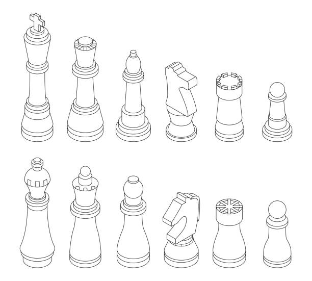 Chess Set Game Pieces Line Drawing 3D Stock Vector - Illustration
