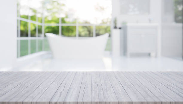 istock 3d rendering of counter with blur bathroom. 1453985274