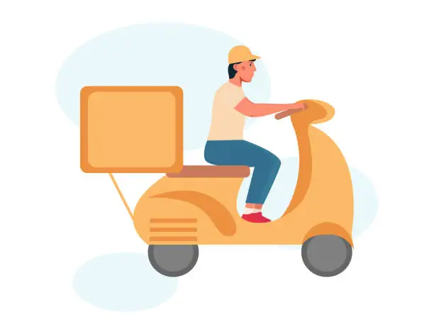 Vector illustration of Delivery man riding a yellow scooter. Vector illustration.