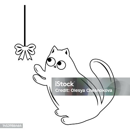 istock Cute cat playing bow on a rope, black outline, vector illustration in doodle style 1453986464