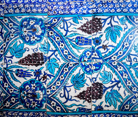 Oriental pattern on tile, historic handmade decoration, Sultan Saladin Mausoleum