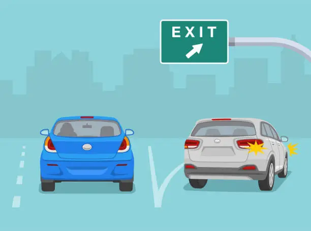Vector illustration of Lane direction sign. White suv car is exiting a highway. Back view of a traffic flow on highway.