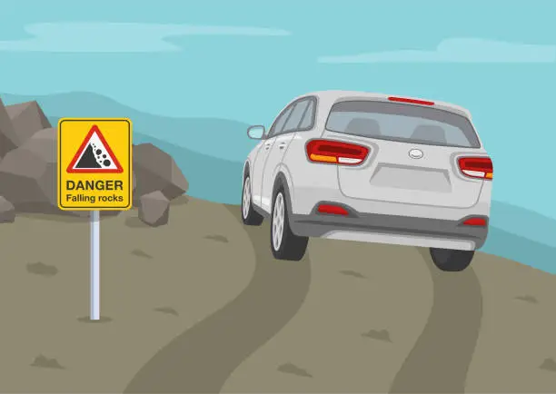 Vector illustration of Off road vehicle roll angle. Back view of a suv car on a hill. Landslides and rockfalls on the road in the mountains. 