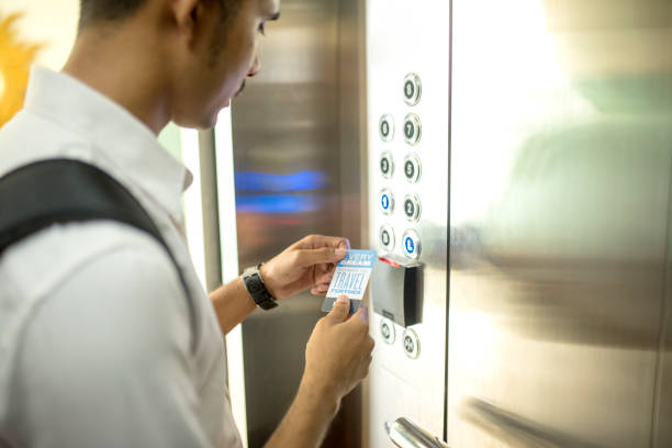 istock Close Up Take the elevator with the card 1453988650