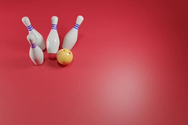istock 3D rendering of a yellow bowling ball with falling pins, copy space for your text 1453988912
