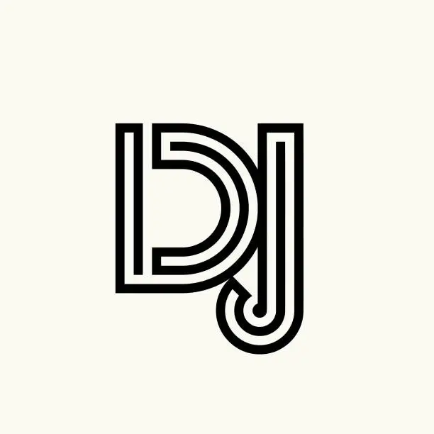 Vector illustration of DJ monogram logo. Abstract lines etter d, letter j. Geometric font icon.