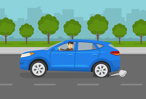Sad young driver looking at a rear punctured wheel or flat tire while driving a car. Blue suv on the city road. Flat vector illustration template.