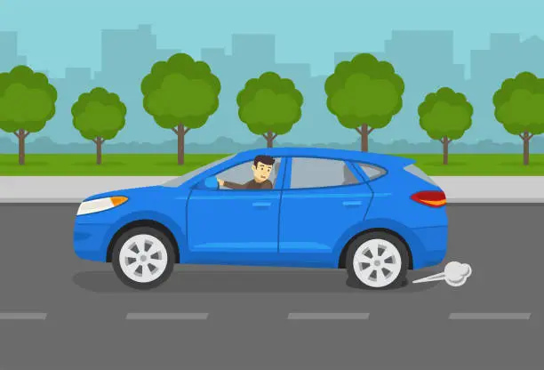 Vector illustration of Sad young driver looking at a rear punctured wheel or flat tire while driving a car. Blue suv on the city road.