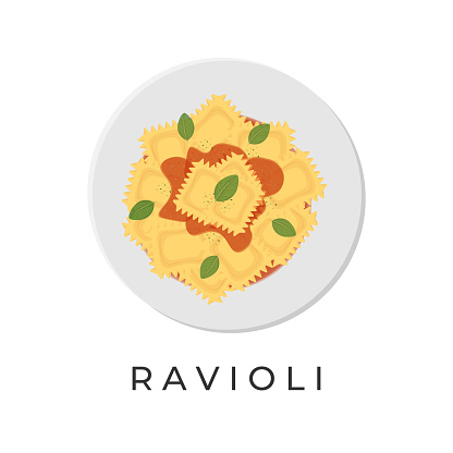 Illustration of a pasta ravioli with tomato sauce and served on a white plate