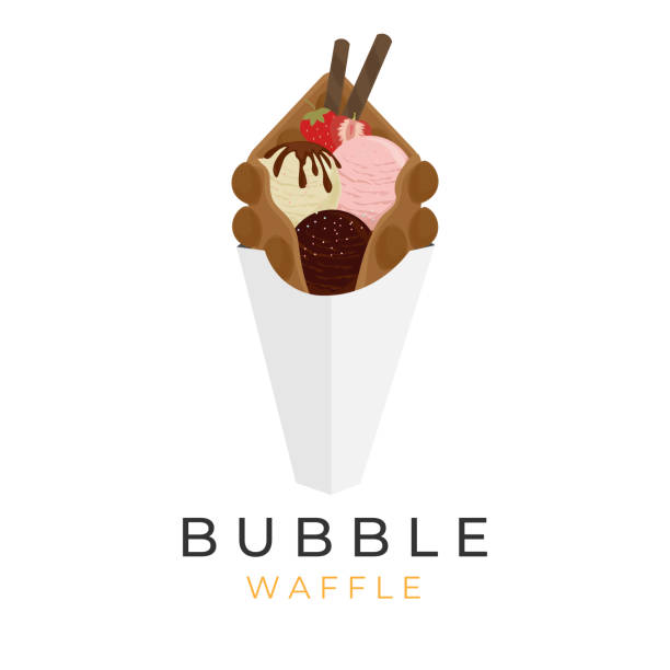 ilustracja: jajko gofr lody czekolada wanilia i truskawka z polewą owocową i waflową bułką - snack street food chocolate waffle stock illustrations