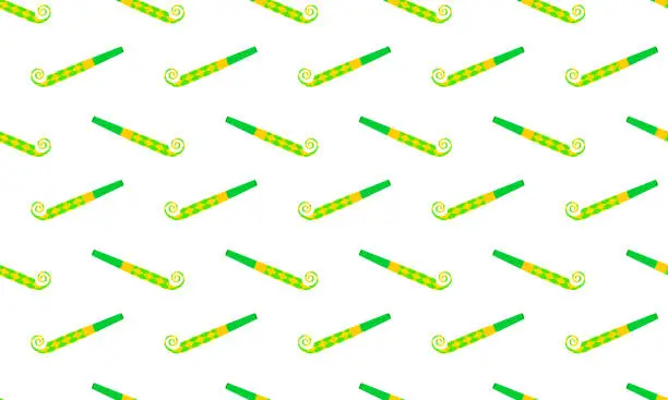 Vector illustration of Party noisemakers background. Green and yellow blowers seamless pattern. Sound whistles for birthday celebration. Scrapbooking or wrapping paper, fabric print design