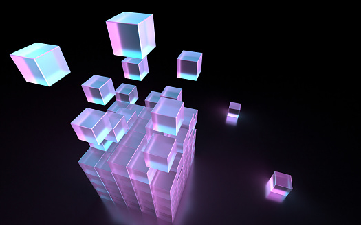 3D illustration of stacked cubes illuminated by fantastic light