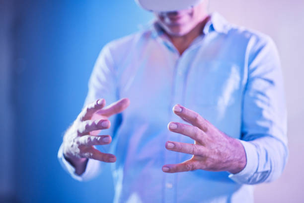 Virtual reality, 3d glasses and man hands for business metaverse experience, futuristic innovation or software technology in neon studio. Future, ai and cyber businessman with vr marketing mock up